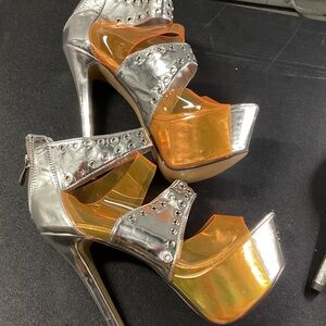 Silver Platform Heels with Orange Transparent Straps